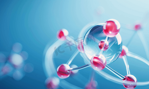 水氧小气泡摄影照片_蓝色背景上的连接原子