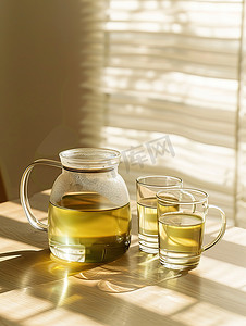 透明的玻璃茶壶和茶杯摄影图