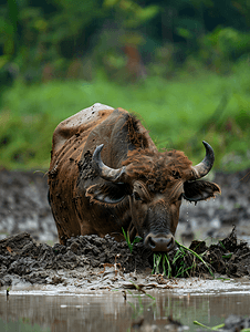 土丘上的水牛在泥土变成的池塘边吃着草