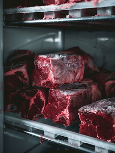 双开门冰箱摄影照片_冰箱里的冷冻牛肉