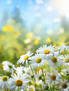草地蓝色背景摄影照片_夏日风景背景中白色明亮的雏菊花