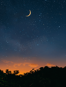 黑色背景星空摄影照片_星空与月亮和丛林的轮廓