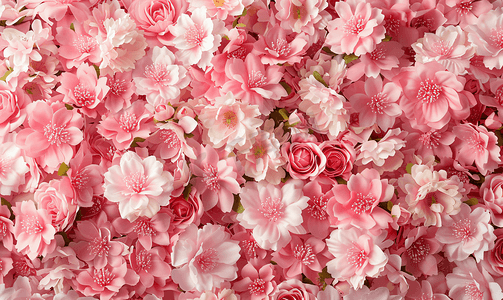 浪漫背景设计摄影照片_簇状粉色人造花背景设计壁纸面料设计