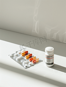 药丸容器摄影照片_白色背景中的药丸包装、医疗用品和鼻喷雾剂