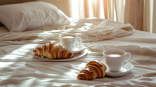 酒店房间的床上的早餐摄影照片