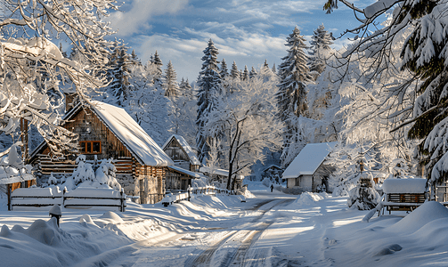新年首页场景摄影照片_冬季村庄积雪覆盖森林节日贺卡