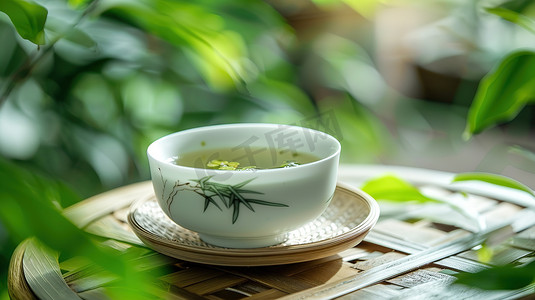 品茶摄影照片_白瓷茶杯绿茶品茶高清摄影图