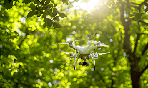 绿色森林背景上带摄像头的白色飞行四轴飞行器