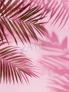 浅粉海报摄影照片_浅粉色背景上的热带棕榈叶阴影