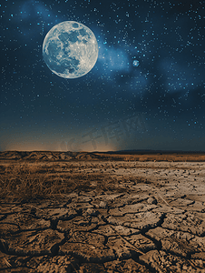 夜晚的月亮摄影照片_由于全球变暖而遭受干旱的地区夜晚有月亮和星星