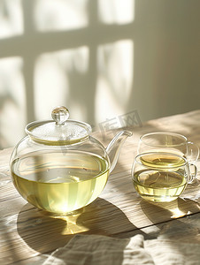 透明的玻璃茶壶和茶杯高清摄影图