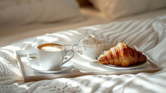 酒店房间的床上的早餐摄影图