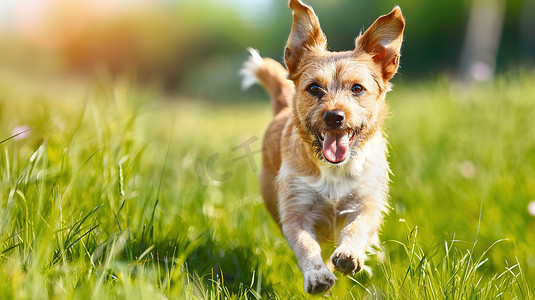 快乐的小狗​​穿过绿草高清图片