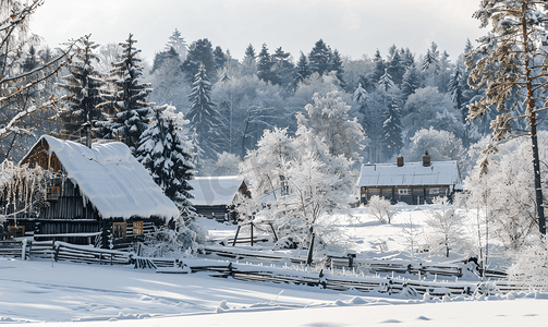积雪覆盖摄影照片_冬季村庄积雪覆盖森林节日贺卡