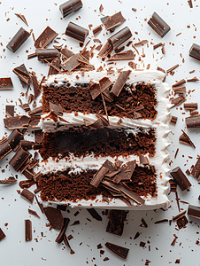 巧克力蛋糕片配上白色糖霜和巧克力屑