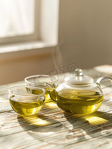 摄影照片_透明的玻璃茶壶和茶杯高清摄影图