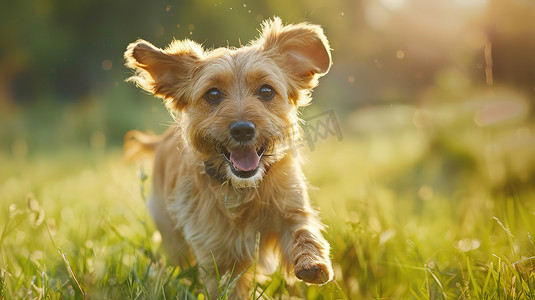 快乐的小狗​​穿过绿草高清图片