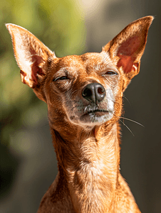 搞笑宠物狗摄影照片_晒太阳的长突出耳朵狗宠物的滑稽面孔特写
