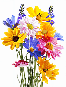 翠菊摄影照片_白色背景下色彩鲜艳的花朵