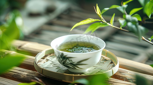 白瓷茶杯绿茶品茶高清图片