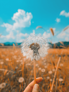 掉光了的蒲公英摄影照片_夏日风景背景下蓬松的蒲公英花