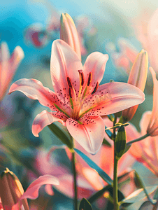 明媚春天摄影照片_夏日风景背景中色彩鲜艳的百合花