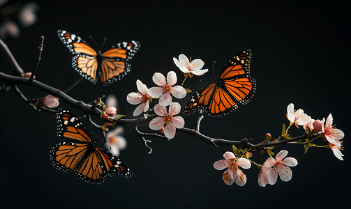 黑色背景上孤立的花朵和蝴蝶的分支