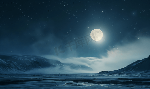 冰岛满月光芒映衬下天空中的极光
