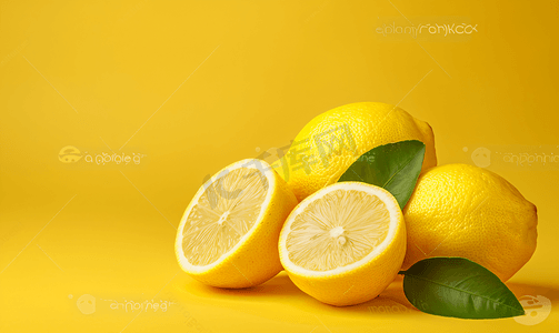 黄色背景中分离出叶子和果皮片的黄色柠檬果