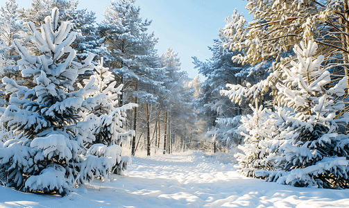 冰冻的冬季森林有雪覆盖的树木户外圣诞贺卡