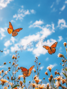 抽象动物背景摄影照片_蓝天白云背景上的蝴蝶