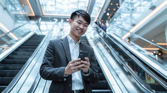 商务男士自动扶梯上用手机高清摄影图