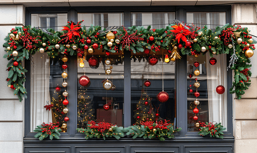 冬天窗户背景摄影照片_用松树枝和花环商店门面装饰的圣诞装饰