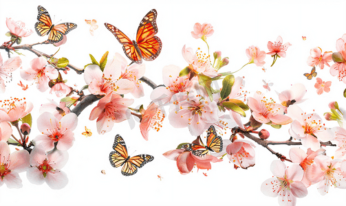 白色背景上孤立的花朵和蝴蝶的分支