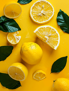 成熟的黄色柠檬柑橘类水果切片叶子在成熟的黄色柠檬背景上