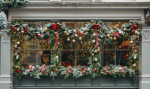 绿色圣诞装饰摄影照片_用松树枝和花环商店门面装饰的圣诞装饰