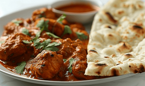 鸡肉咖喱辣味肉类食物搭配印度煎饼或印度烤饼