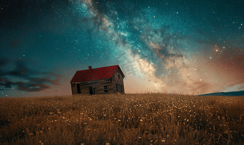 夜蓝色星空摄影照片_银河系老废弃房屋红色屋顶在空地上