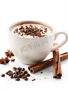 咖啡甜点摄影照片_热巧克力与咖啡杯孤立在白色背景上包括剪切路径