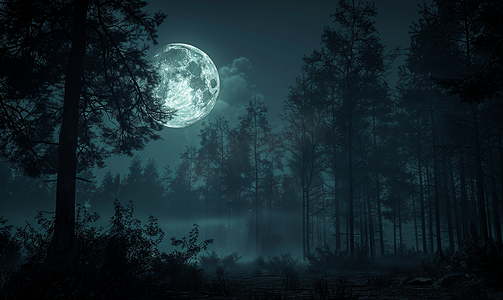 月亮的夜晚摄影照片_漆黑的夜晚在有满月的森林里