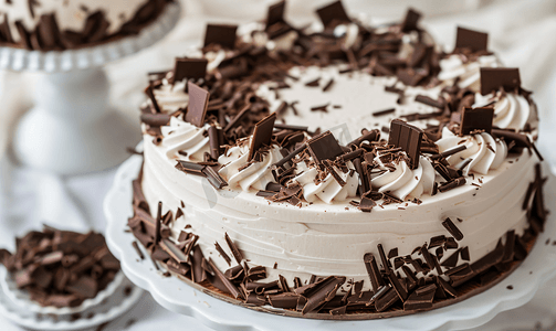 白色巧克力蛋糕摄影照片_巧克力蛋糕配白色糖霜和巧克力屑