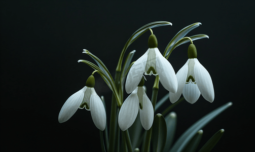花序摄影照片_黑色背景上孤立的春天花朵雪花莲