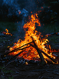 火焰摄影照片_夜间黑暗火焰中的篝火燃烧木材露营细节