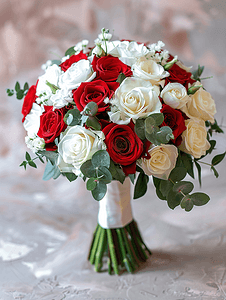 多彩夏季摄影照片_夏季红色和白色玫瑰的明亮婚礼花束