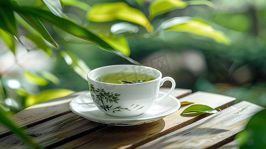 白瓷茶杯绿茶品茶摄影配图
