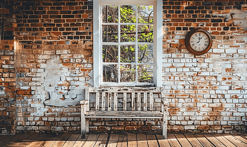 布谷鸟钟摄影照片_带白色窗户和布谷鸟钟的木凳挂在地板木材上的复古砖墙