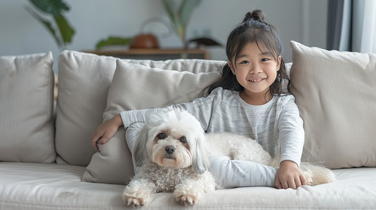小女孩和她的狗坐在浅色沙发高清图片