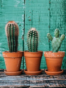 陶罐上仙人掌植物的不同类型木桌上封闭的仙人掌