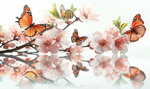 五月开花摄影照片_白色背景上孤立的花朵和蝴蝶的分支