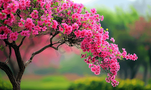 粉红kt板摄影照片_花园里的粉红花树种植药草和蔬菜自然摄影